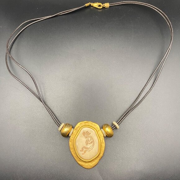 Signed Chico’s Kokopelli Artisan Pendant Necklace Gold Tone Southwestern 24" - Picture 2 of 6